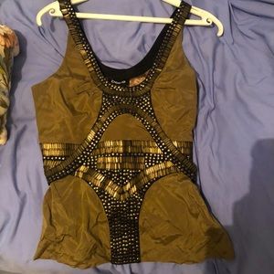 Bebe Olive and Black Embellished Top